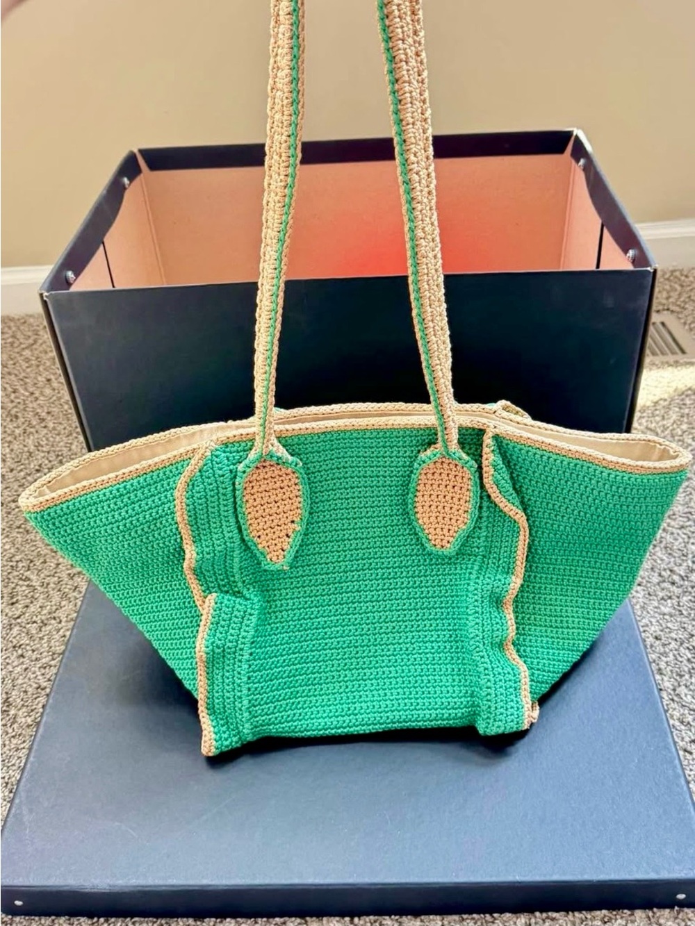 Green Crochet Tote with Tan Trim and Straps